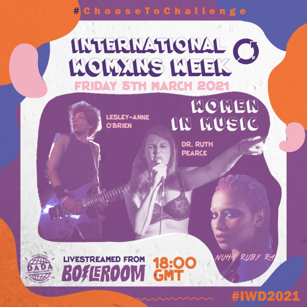 Promotional image for the Womxn in Music event hosted by the Boileroom. It features Lesley-Anne O'Brian playing guitar, Ruth Pearce singing and pointing, and Nuha Ruby Ra looking moody and intense.