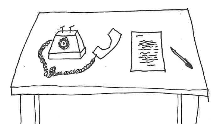 sketch of a table with an old-fashioned telephone, piece of paper, and pen on it