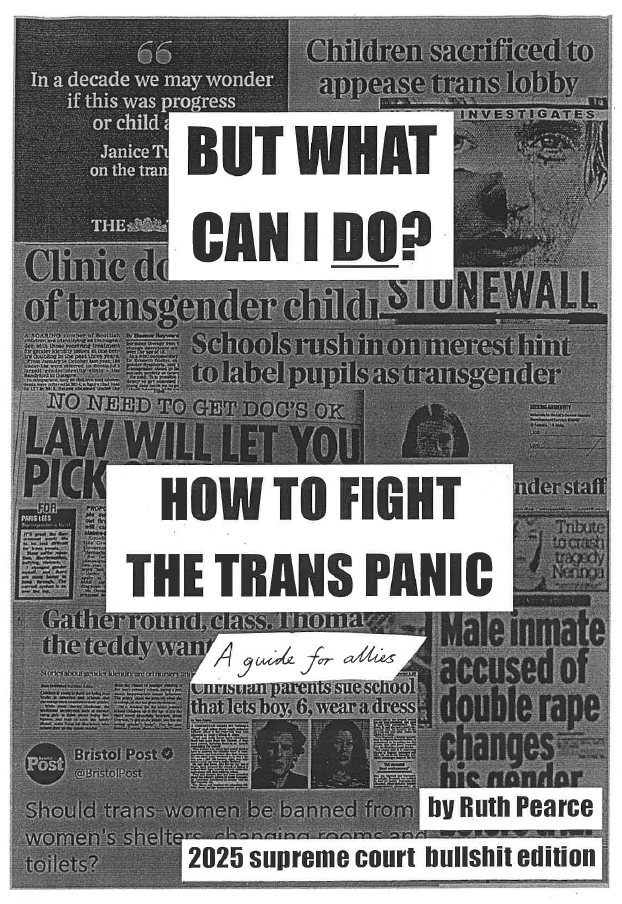 Cover image for the zine, but what can I do? How to fight the trans panic. It contains various images of transphobic newspaper headlines behind the title text.