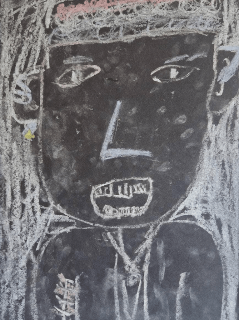 Stylised drawing of a young man, with white and pink chalk on black paper.